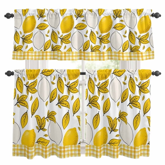 Summer Botanical Kitchen Curtains Valances and Tiers Set of 3 Lemons Abstractions Fruit Silhouette Yellow Stripes Tier Curtains and Valance with Rod Pocket for Small Windows, 27.5"x36"