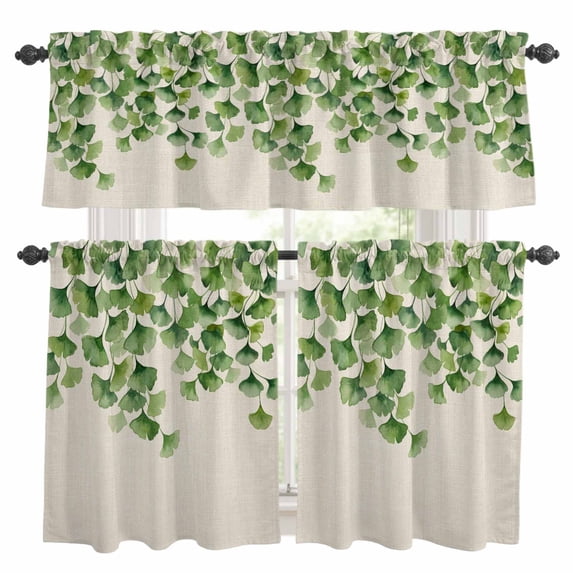 Summer Botanical Kitchen Curtains Valances and Tiers Set of 3 Watercolor Gradient Green Leaves Linen Texture Tier Curtains and Valance with Rod Pocket for Small Windows, 27.5"x36"