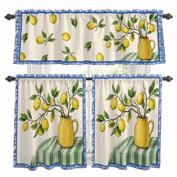 Summer Botanical Kitchen Curtains Valances and Tiers Set of 3 Watercolor Lemons Brown Branch Blue Geometric Frame Tier Curtains and Valance with Rod Pocket for Small Windows, 27.5"x24"