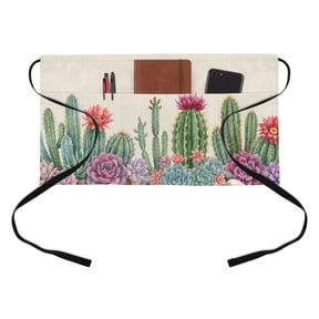 Summer Botanical Kitchen Restaurant Half Waist Apron, Tropical Saguaro Opuntia Cactus Linen Texture Server Short Apron with 3 Pockets Waterproof Oil Waist Aprons for Women Waitress Waiter