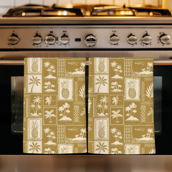 Summer Botanical Kitchen Towels Set of 1, Retro Tropical Palm Trees Fruits Leaf Gold Absorbent Dish Towels for Kitchen, Microfiber Hand Towel, Quick Drying Tea Towel for Cleaning Dishcloths