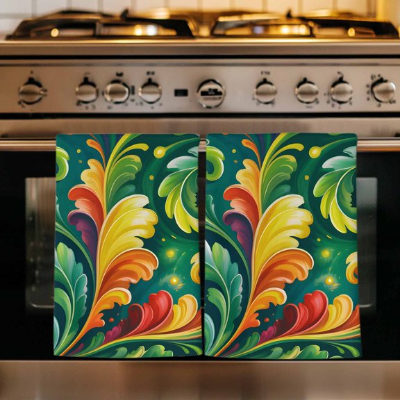 Summer Botanical Kitchen Towels Set of 1, Vintage Abstract Leaves Firefly Plants Green Absorbent Dish Towels for Kitchen, Microfiber Hand Towel, Quick Drying Tea Towel for Cleaning Dishcloths