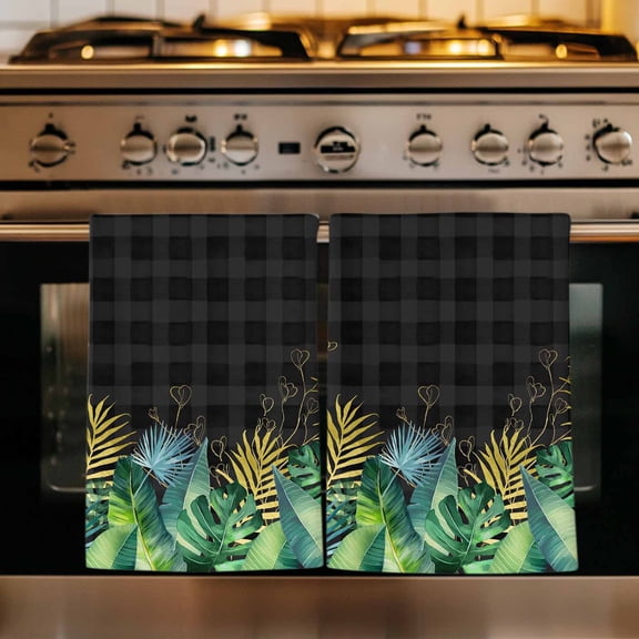 Summer Botanical Kitchen Towels Set of 4, Tropical Monstera Palm Leaf Black Absorbent Dish Towels for Kitchen, Microfiber Hand Towel, Quick Drying Tea Towel for Cleaning Decorative Dishcloths