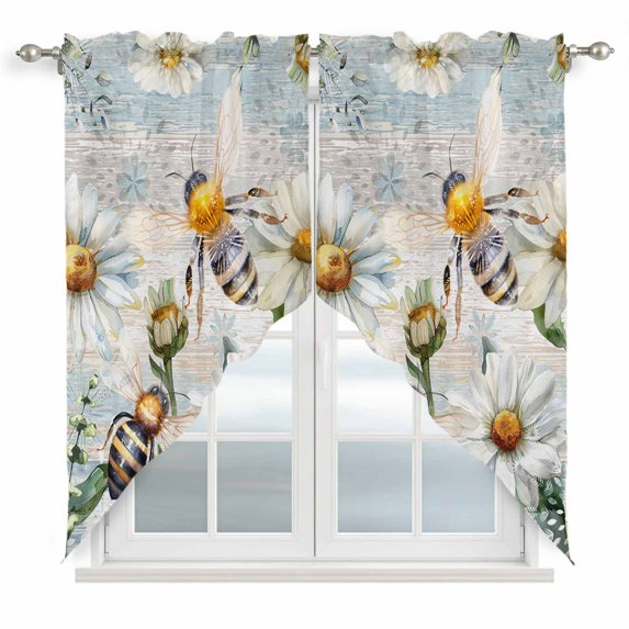 Summer Botanical Kitchen Window Curtains, Swag Curtains Valance for Bedroom Living Room Bathroom, White Daisy Botanical Bee Farmhouse Rod Pocket Window Treatment Curtain Block Drapes 2 Panels 36"x36"