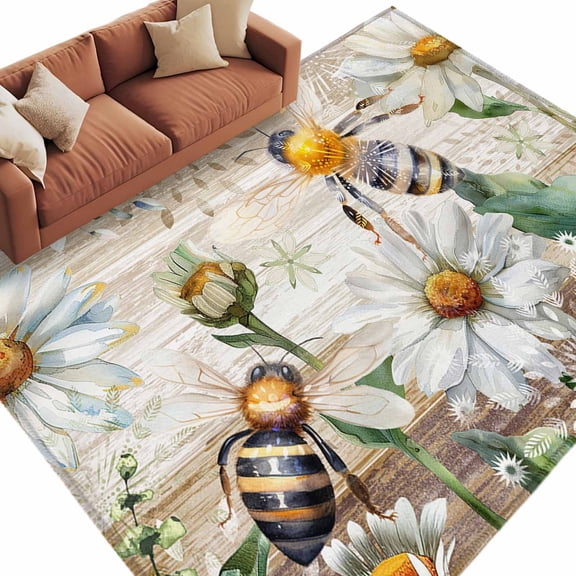 Summer Botanical Large Area Rugs for Bedroom Living Room, Soft Non Slip Carpet Bedside Rug, White Daisy Botanical Bee Rustic Rectangular Floor Cover Kitchen Accent Rug 6'x9' for Dining Room/Office