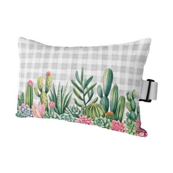 Summer Botanical Outdoor Pillows for Chaise Lounge Chair Waterproof Lumbar Pillows with Insert&Adjustable Elastic Strap Beach Headrest Pillow Tropical Cactus Succulents Gray Plaid Pool Pillow 11"x16"