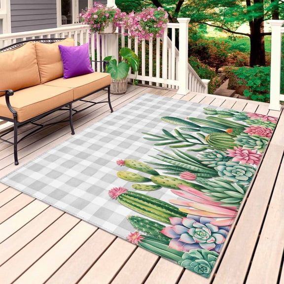 Summer Botanical Outdoor Rug 4x6 Ft, Non Slip Washable Area Rug, Tropical Cactus Succulents Gray Plaid Patio Rugs Carpet Runner, Large Floor Mat for Indoor/Outdoor Deck Porch Camping
