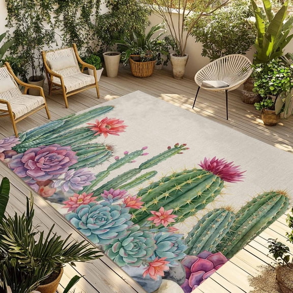 Summer Botanical Outdoor Rug 4x6 ft Tropical Saguaro Opuntia Cactus Linen Texture Non Slip Patio Rug Washable Absorbent Large Outdoor Carpet Outside Mat for Porch RV Garden Camping