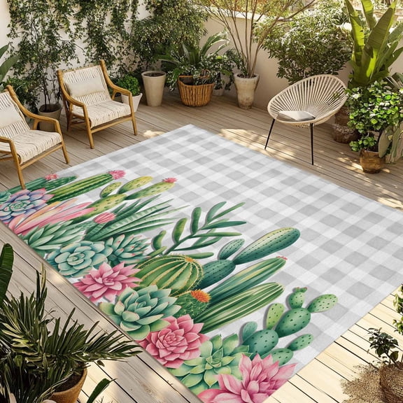 Summer Botanical Outdoor Rug for Patio/Deck/Porch, Non-Slip Large Area Rug 4 x 6 Ft, Tropical Cactus Succulents Gray Plaid Indoor Outdoor Rugs Washable Area Rugs, Reversible Camping Rug Carpet Runner