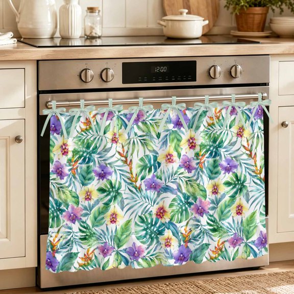 Summer Botanical Oven Skirt Curtain 27"x20", Waterproof Ruffled Stove Cover Skirt with 8 Ribbon Ties, Tropical Exotic Monstera Floral Leaf Boho Decorative Oven Door Curtain for Kitchen Dishwasher