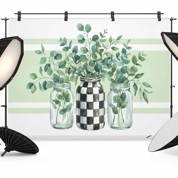 Summer Botanical Photography Backdrop 7x5FT, Watercolor Eucalyptus Leaves Black Lattice Green Stripe Photo Backdrops, Background for Photography Studio, Back Drop for Photoshoot