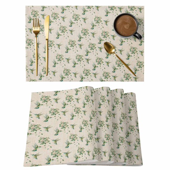 Summer Botanical Placemats Set of 4, Green Spring Floral Birds Rustic Placemats for Dining Table, Place Mats for Kitchen Tabletop, Waterproof Wipeable Dining Table Mats Set