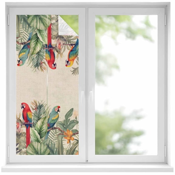 Summer Botanical Privacy Window Film, Decorative Frosted Glass Window Film, Rustic Tropical Plants Birds Reusable Peel and Stick Static Cling for Home Bathroom Office Glass Door 17.7"x39.3"