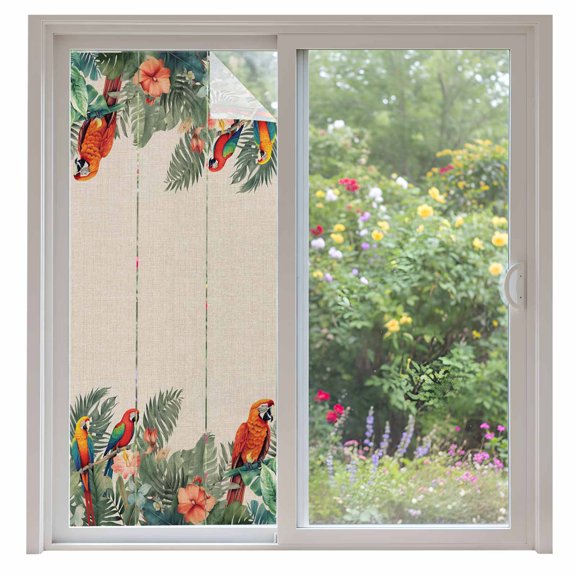 Summer Botanical Privacy Window Film, Decorative Frosted Glass Window Film, Tropical Plants Birds Farmhouse Reusable Peel and Stick Static Cling for Home Bathroom Office Glass Door 35.4"x78.7"