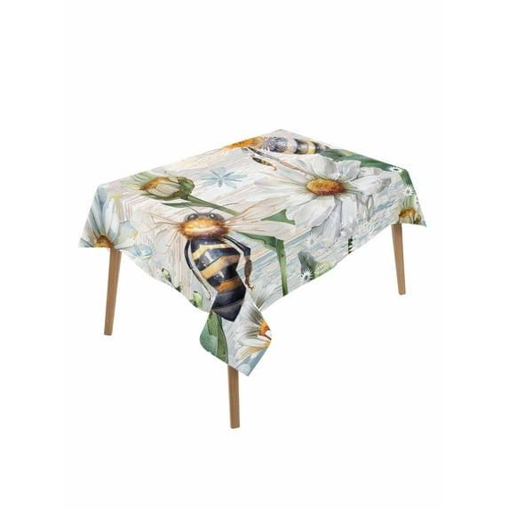 Summer Botanical Rectangle Tablecloth, White Daisy Botanical Bee Farmhouse Waterproof & StainResistant Tablecloth, Washable Oil-proof Table Cover for Dining/Party/Wedding/Camping/Buffet 60x84 In