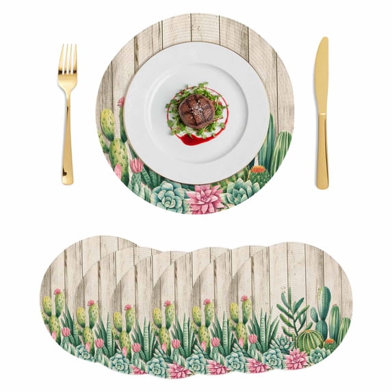 Summer Botanical Round 13 Inch Placemats Set of 6, Tropical Cactus Succulents Brown Wooden HeatResistant Non Slip Place Mats for Dining Table, Wipeable Braided Kitchen Table Mats for Housewarming
