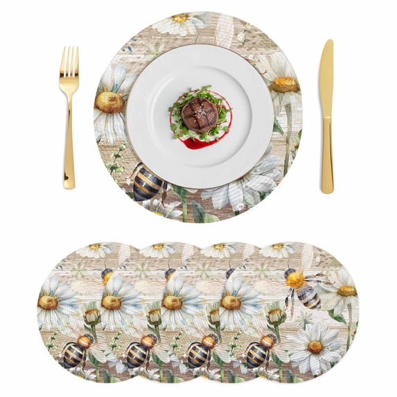 Summer Botanical Round 15 Inch Placemats Set of 4, White Daisy Botanical Bee Rustic HeatResistant Non Slip Place Mats for Dining Table, Wipeable Braided Kitchen Table Mats for Housewarming
