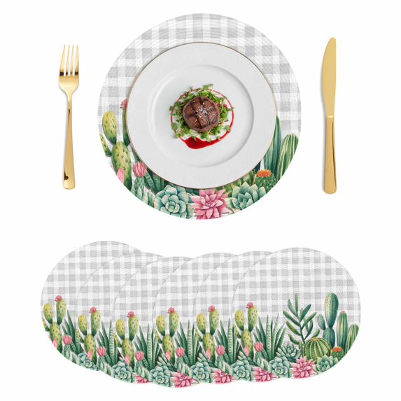 Summer Botanical Round 15 Inch Placemats Set of 6, Tropical Cactus Succulents Gray Plaid HeatResistant Non Slip Place Mats for Dining Table, Wipeable Braided Kitchen Table Mats for Housewarming