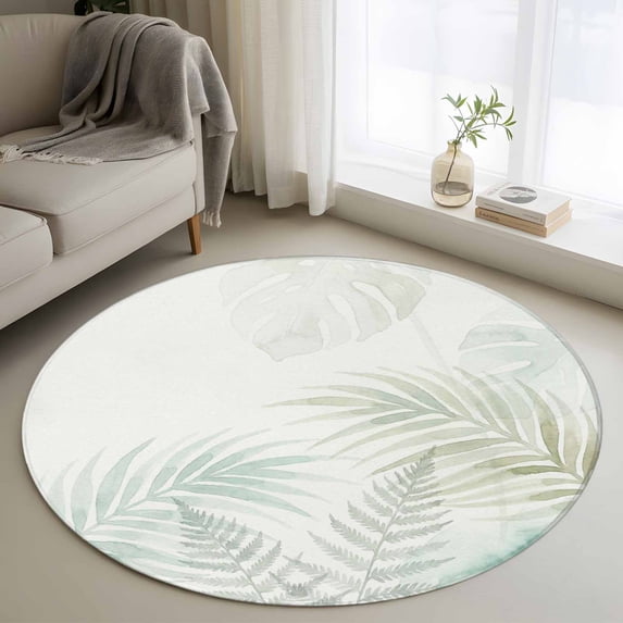 Summer Botanical Round Area Rug 3.3Ft Washable Circle Rugs for Dining Room Table, Green Tropical Palm Leaves Watercolor Non-Slip Carpet Floor Mats Indoor Outdoor Carpet Runner Aesthetic Home Decor