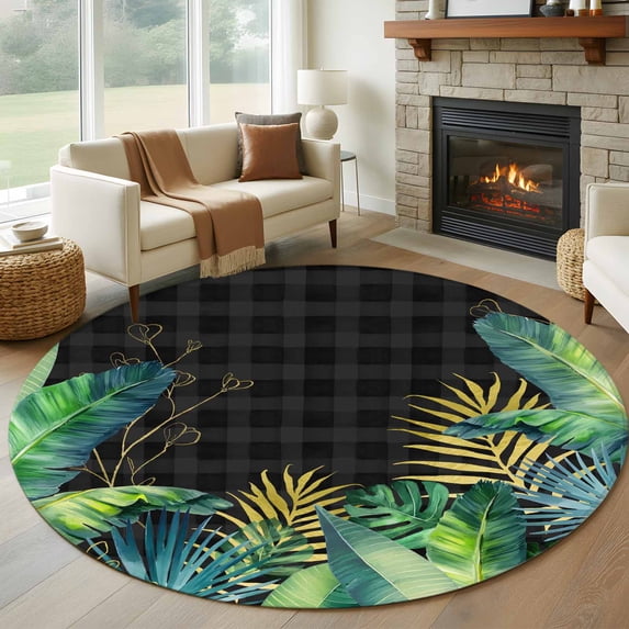 Summer Botanical Round Area Rug 8Ft Washable Large Circle Rugs for Living Room Dorm, Tropical Monstera Palm Leaf Black Non-Slip Carpet Floor Mats Indoor Outdoor Carpet Runner Aesthetic Home Decor