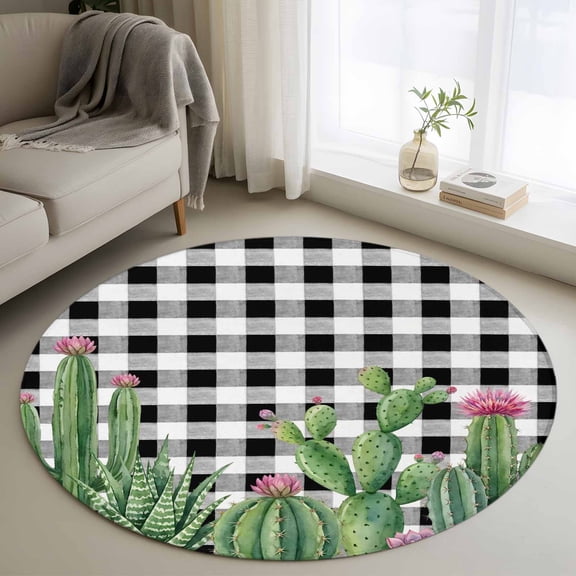 Summer Botanical Round Area Rugs 3 ft, Tropical Saguaro Opuntia Cactus Black Plaid Washable Small Area Rug with Non-Slip Sturdy Edge Binding Round Front Door Mat Floor Carpet for Entryway