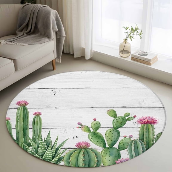 Summer Botanical Round Area Rugs 3 ft, Tropical Saguaro Opuntia Cactus White Wood Grain Washable Small Area Rug with Non-Slip Sturdy Edge Binding Round Front Door Mat Floor Carpet for Entryway