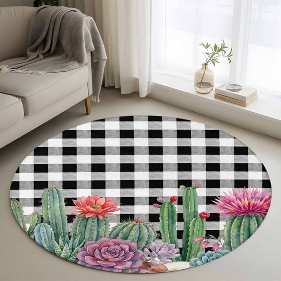 Summer Botanical Round Area Rugs 3 ft, Tropical Saguaro Opuntia Green Cactus Black Plaid Washable Small Area Rug with Non-Slip Sturdy Edge Binding Round Front Door Mat Floor Carpet for Entryway