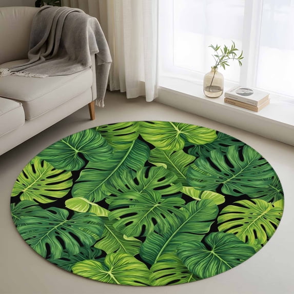Summer Botanical Round Living Room Rugs 3.3 ft, Watercolor Green Monstera Deliciosa Tropical Plants Washable Area Rug with Non-Slip Sturdy Edge Binding Round Front Door Mat Floor Carpet for Entryway