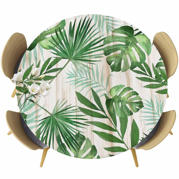 Summer Botanical Round Tablecloth 36-44 Inch Round Fitted Table Cloth with Elastic Edge, Green Monstera Palm Leaves Wood Beige Waterproof Table Cover Protector for Outdoor Picnic Party Dining