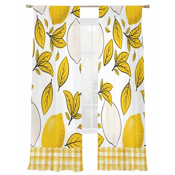 Summer Botanical Sheer Curtains 2 Panels Set Lemons Abstractions Fruit Silhouette Yellow Stripes Sheer Window Curtains Light Filtering Rod Pocket Voile Drapes for Bedroom Living Room 52"X96"