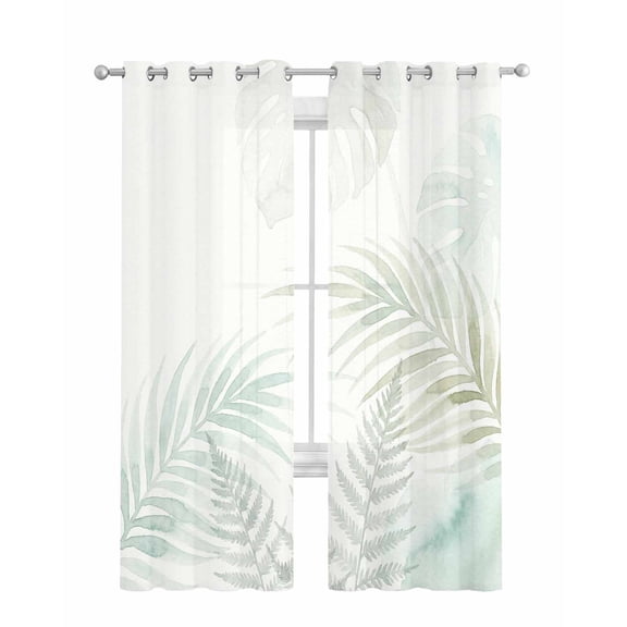 Summer Botanical Sheer Curtains 84 Inch Length 2 Panels Set for Living Room/Bedroom, Green Tropical Palm Leaves Watercolor Kitchen Curtains Grommet Semi-Sheer Curtains Window Treatments 52"x84"x2