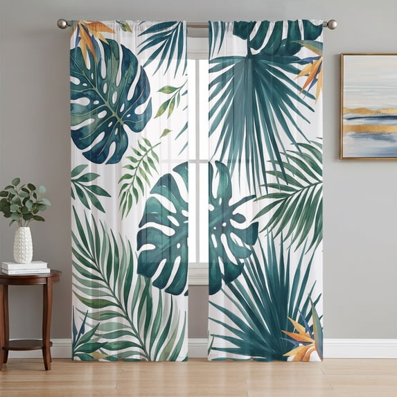 Summer Botanical Sheer Curtains 84 Inch Length 2 Panels Set, Palm Leaf Tropical Monstera Leaves Voile Window Treatment Rod Pocket Curtains Sheers Drapes for Bedroom/Living Room/Kitchen 52"x84"x2