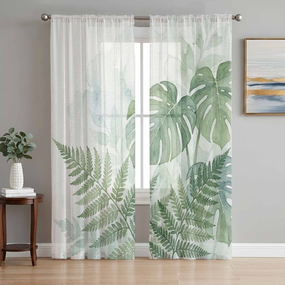 Summer Botanical Sheer Curtains 84 Inch Length 2 Panels Set Window Treatments, Green Palm Leaves Tropical Plant Rod Pocket Semi Curtains for Living Room/Bedroom/Kitchen Décor, 104"W x 84"L