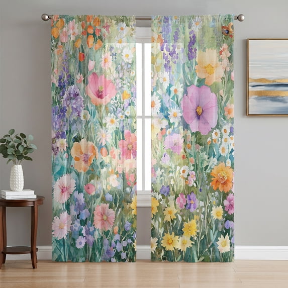 Summer Botanical Sheer Curtains 96 Inch Length 2 Panels Set, Blossoms Daisy Field Flowers Voile Window Treatment Semi Sheer Long Curtains Drapes for Bedroom/Living Room/Kitchen 52"x96"x2