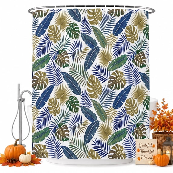 Summer Botanical Shower Curtain, Waterproof Shower Curtains for Bathroom, Tropical Palm Monstera Leaf Blue Green Washable Fabric Bathtub Curtain Set Bath Decor with 12 Hooks Extra Long 72"x96"