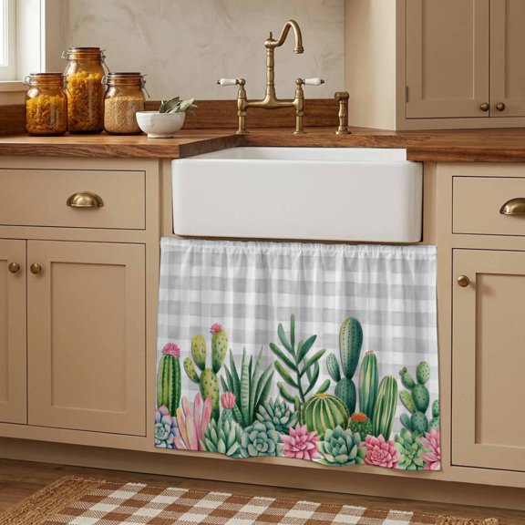 Summer Botanical Small Cabinet Curtains 10"W x 11"L, Tropical Cactus Succulents Gray Plaid Sink Skirt Dust-Proof Short Curtain for Bathroom Vanity Storage Cubby Desk, Self Adhesive Privacy Drapes