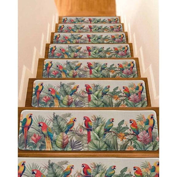 Summer Botanical Stair Treads for Wooden Steps Indoor Runner Rug Carpet, Rustic Tropical Plants Birds 7 Pieces Peel and Stick Staircase Step Treads Covers Washable Throw Door Mats, 30"x8"