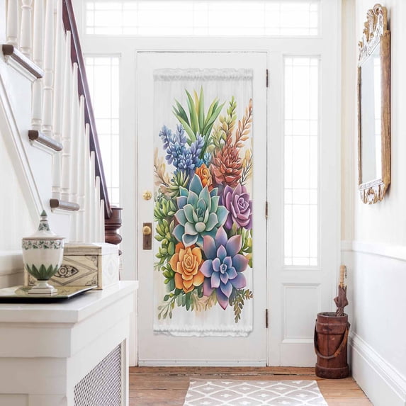 Summer Botanical Succulents Door Curtains for Door Window, French Sidelight Front Back Door Curtains With Tieback, Watercolor Spring Floral Botanical Kitchen Rod Pocket Drapes Panel, 54"x72"
