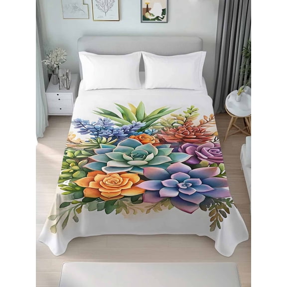 Summer Botanical Succulents Full Size Flat Sheet, Wrinkleproof & Fadeproof Cooling Flat Bed Sheet Only, Watercolor Spring Floral Botanical Breathable Soft Bedding Top Sheets 81 x 96 Inches