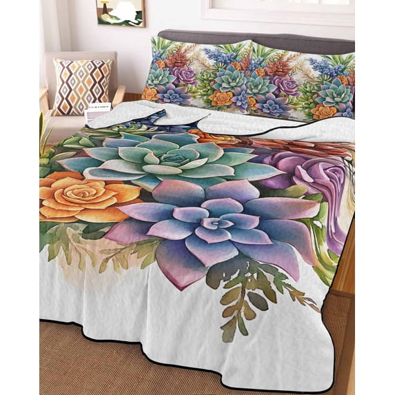 Summer Botanical Succulents Queen Size Down Alternative Comforter,Lightweight Comforter Quilt Bedding Set with Pillow Shams Watercolor Spring Floral Botanical Bed Comforter Duvet Insert 90"x96"