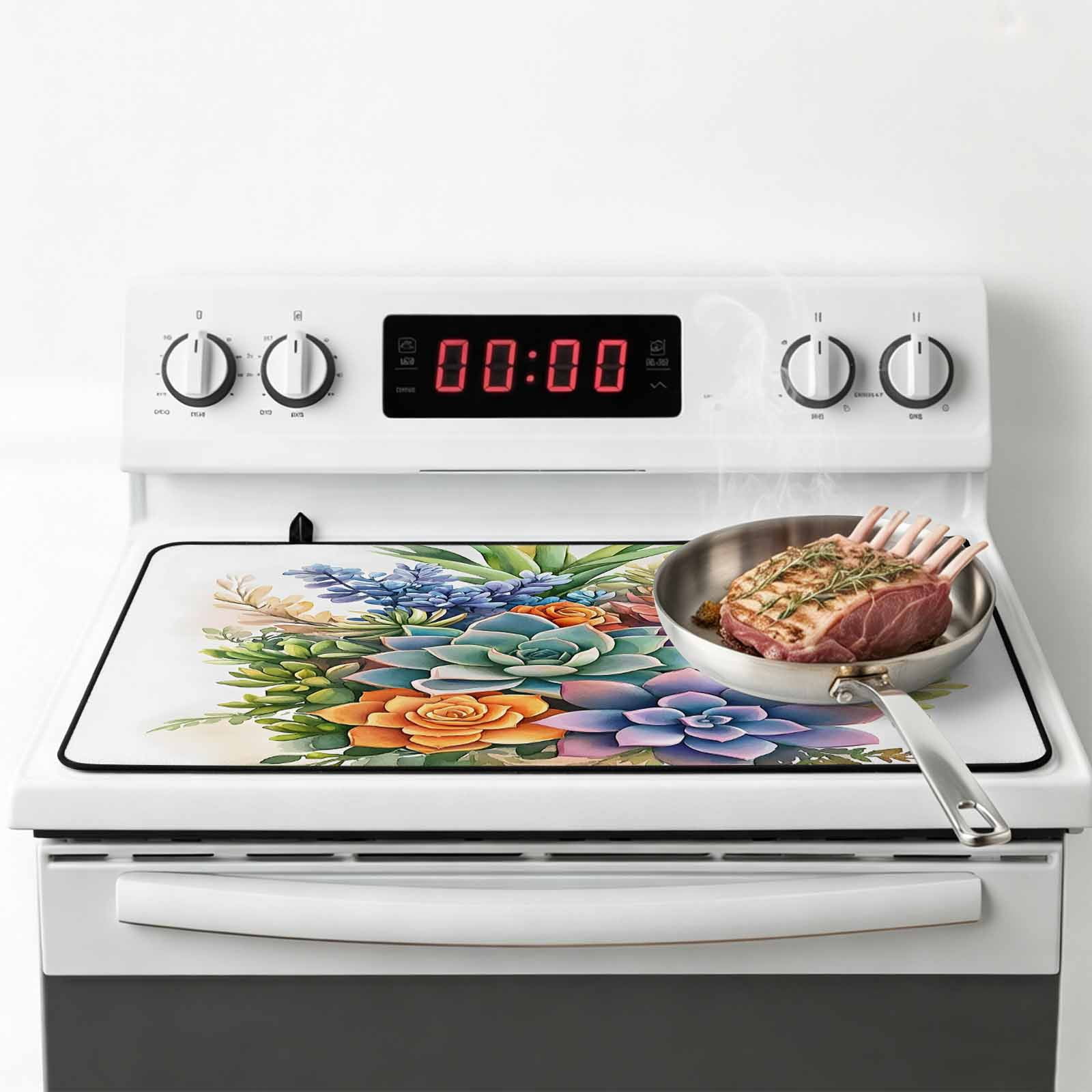 Summer Botanical Succulents Stove Top Cover for Electric Stove, Heat-proof & Non Slip Glass Top Stove Cover Protector, Watercolor Spring Floral Botanical Kitchen Flat Cooktop Rubber Mat 24x21 Inches
