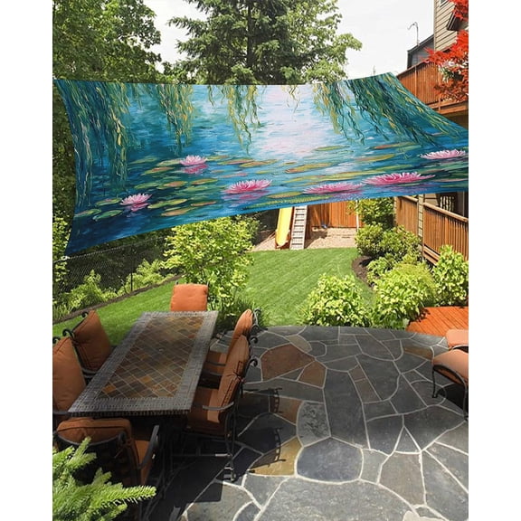 Summer Botanical Sun Shade Sail 12'X16' Zen Art Water Lilies Pond Weeping Willow UV Block Outdoor Sail Shades Breathable Waterproof Rectangular Sunshade for Patio Garden Pool Pergola Porch