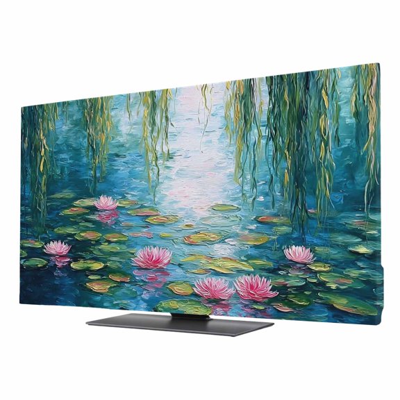 Summer Botanical TV Cover for 24 Inch Screen, Stretch Fabric Dustproof TV Display Protector, Lotus Pond Weeping Willow Elastic Slipcover Monitor Cover for Indoor Desktop Computer 20.9"x11.8"