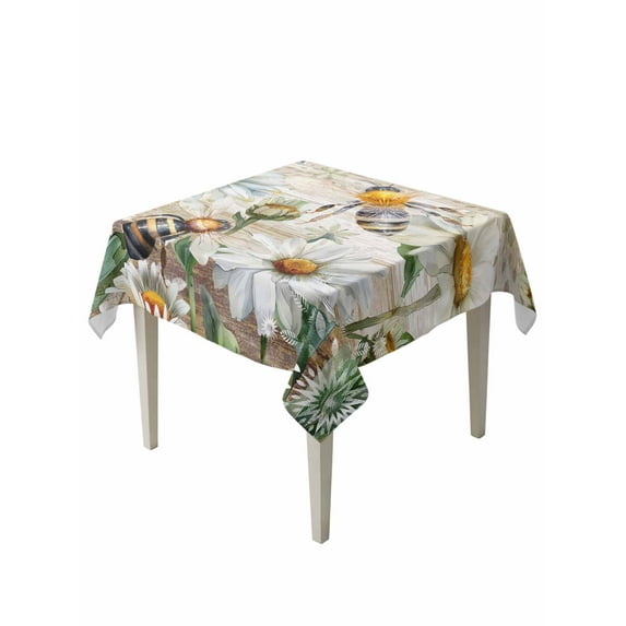 Summer Botanical Table Cloth, White Daisy Botanical Bee Rustic Waterproof Tablecloth for Square Tables, Reusable Washable Fabric Table Cover for Restaurant Kitchen Dining Tables 60"x60"