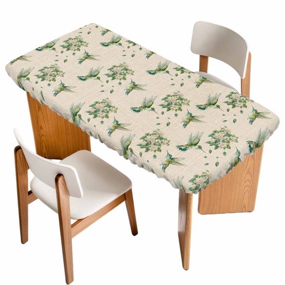 Summer Botanical Table Cloths for 4 Foot Rectangle Tables, Green Spring Floral Birds Rustic Patio Waterproof Elastic Fitted Tablecloths, Washable Rectangular Table Cover for Camping