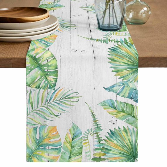 Summer Botanical Table Runner 108 Inches, Green Tropical Palm Trees Wooden Grey Bed Runner Dresser Scarves Tabletop for Indoor Outdoor Parties/Ceremony/Banquet, 13"x 108"