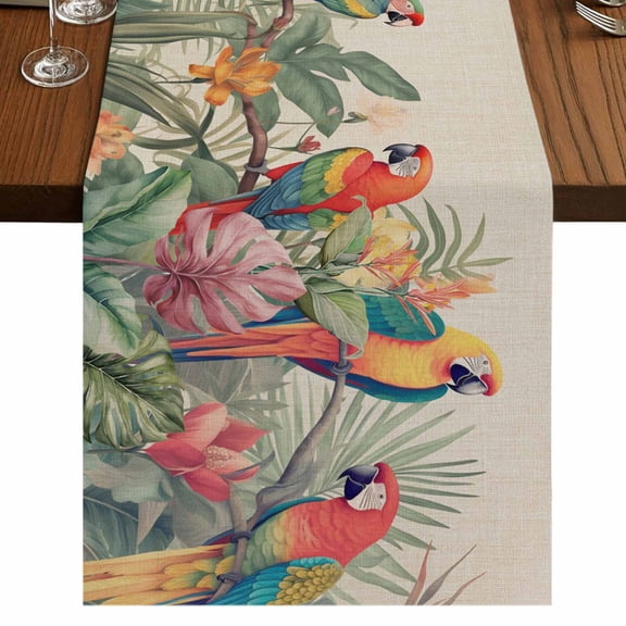 Summer Botanical Table Runner 70 Inches Long, Rustic Tropical Plants Birds Cotton Linen Table Runners Dresser Scarves, Decorative Fabric Tabletop Scarf Furniture Cover for Home Dinner Party 13"x70"