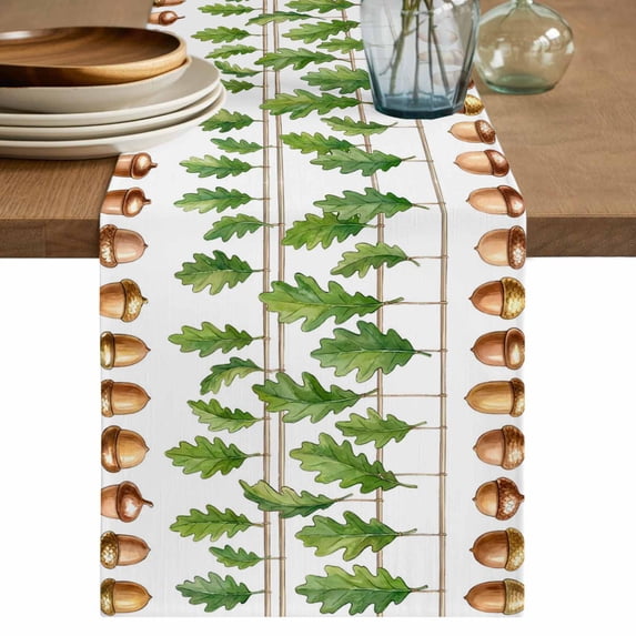 Summer Botanical Table Runner 70 Inches, Watercolor Acorn Spring Plant Leaves Bed Runner Dresser Scarves Tabletop for Indoor Outdoor Parties/Ceremony/Banquet, 13" x 70"