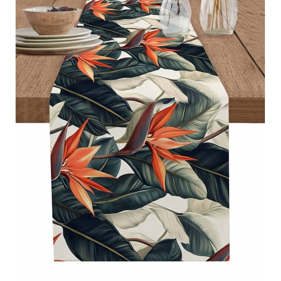 Summer Botanical Table Runner Cotton Linen 108 Inch Holiday Dresser Scarves, Retro Nature Tropical Leaves Floral Tablerunner for Kitchen Coffee Dining Bedroom Dinner Scarf Décor 13''x108''
