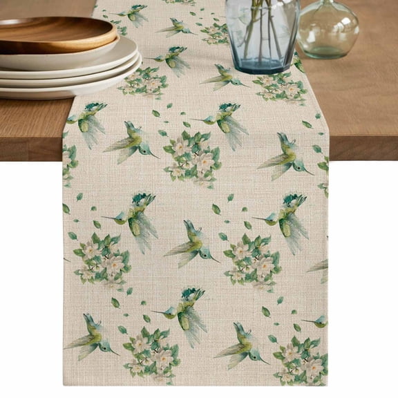 Summer Botanical Table Runner, Green Spring Floral Birds Rustic Washable Cotton Linen Table Runners 36 Inches Long, Dresser Scarf Runner for Nightstand/End Tables/Round Tables 13''x36''